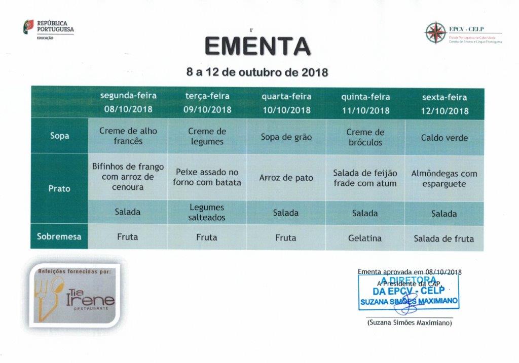 EMENTA DE 8 DE OUTUBRO A 12 DE OUTUBRO